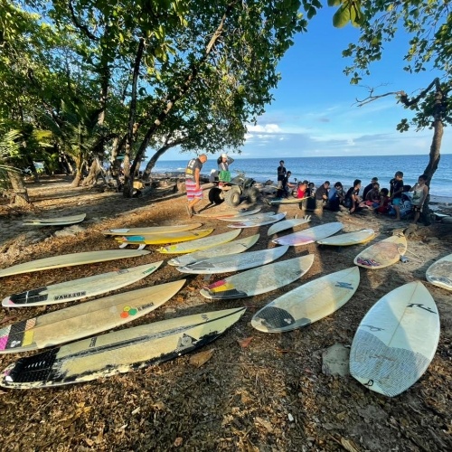 donated surf boards laid out on the sand