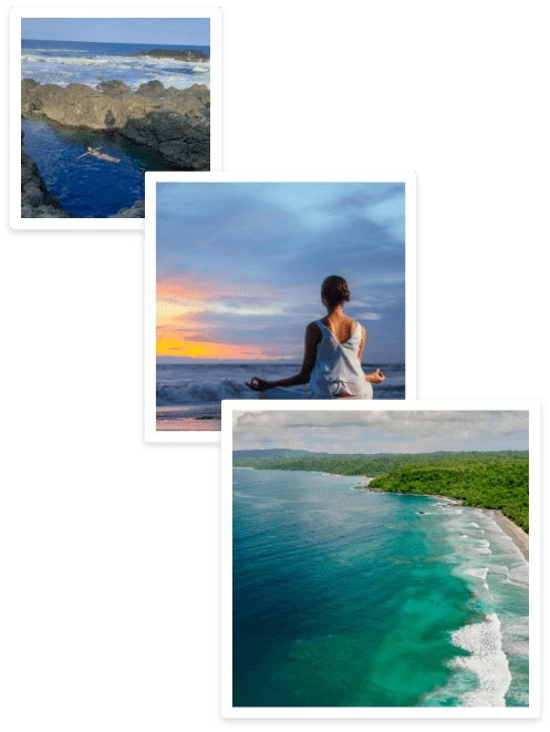 a series of three photos tidepools-yoga and playa grande